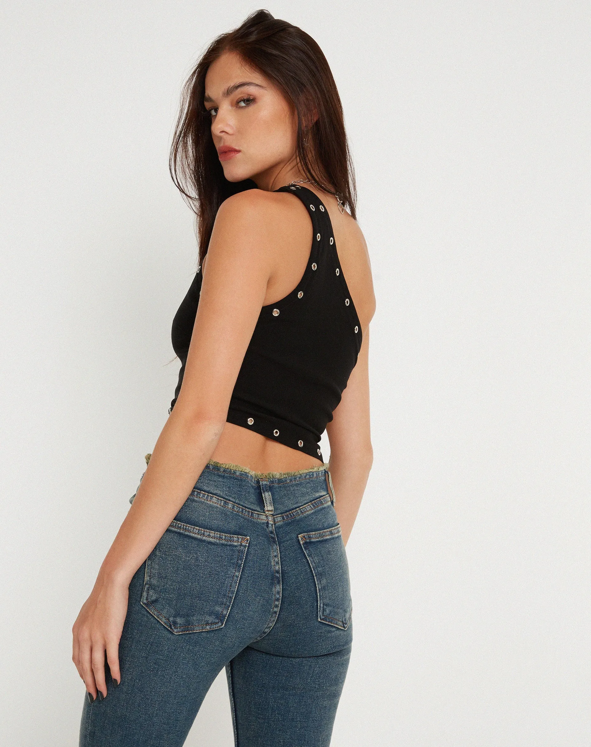 Soyuna Asymmetric Crop Top in Black with Eyelet