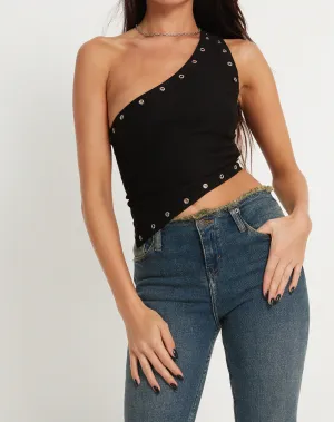 Soyuna Asymmetric Crop Top in Black with Eyelet