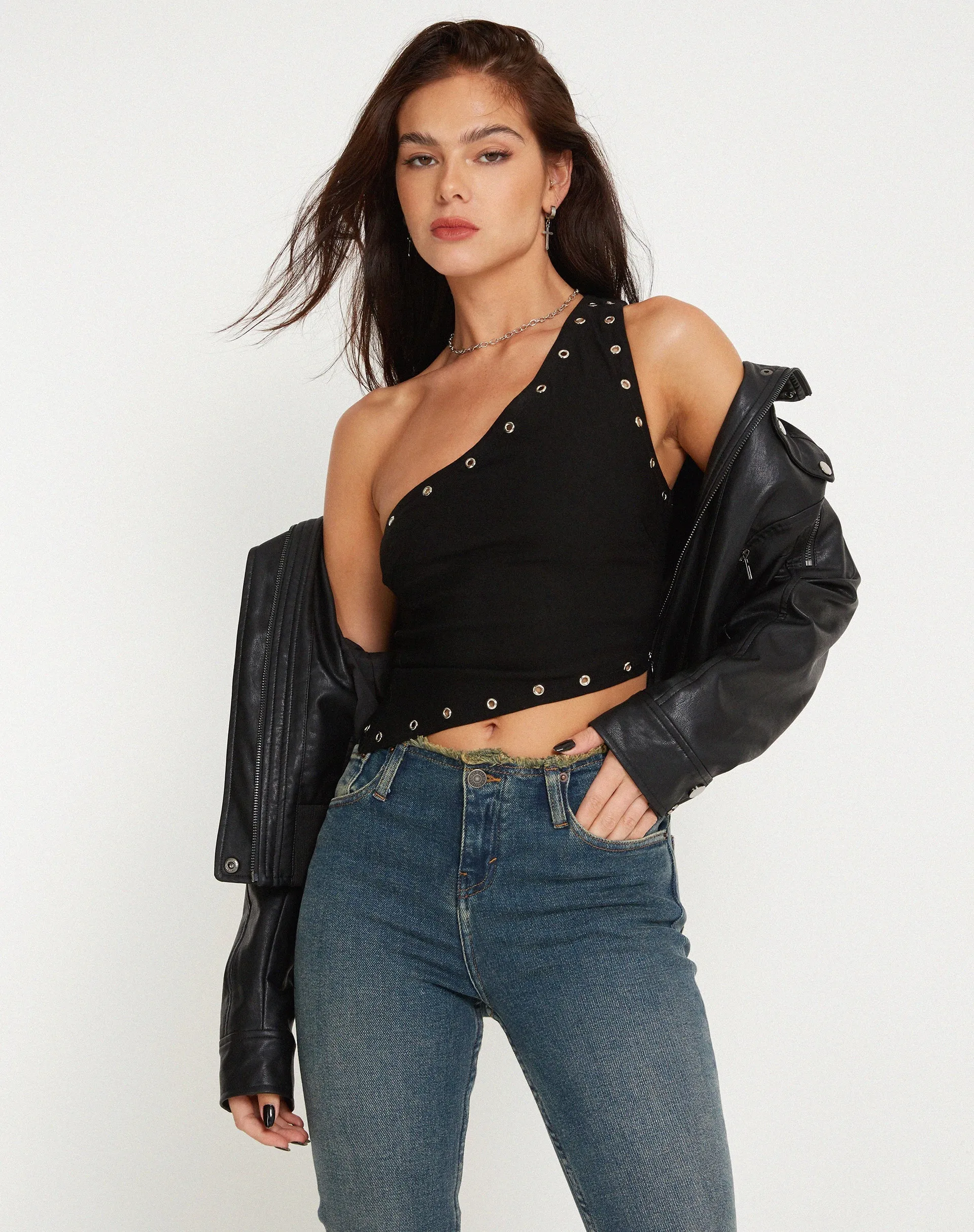 Soyuna Asymmetric Crop Top in Black with Eyelet