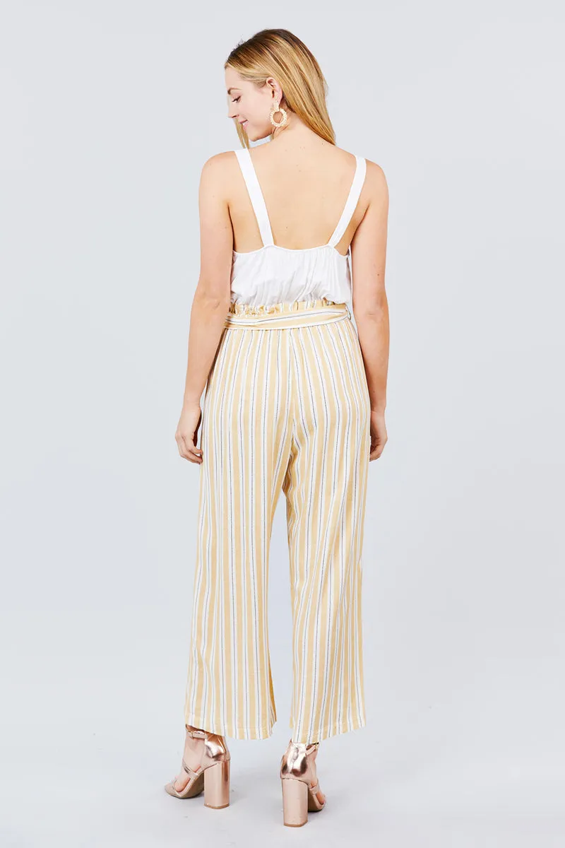 Straight Neck Waist Belted Stripe Long Jumpsuit