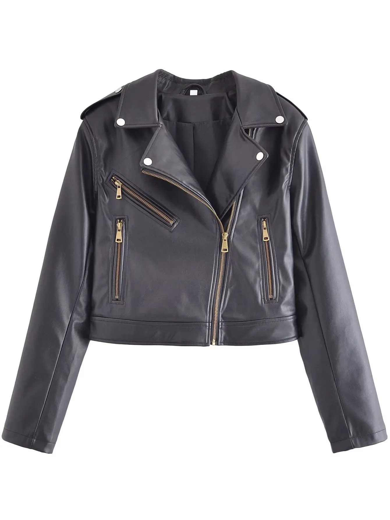 Street Collared Zipper Faux Leather Jacket Coat Cool Smart Motorcycle Clothing Spring Autumn Short Tops Women