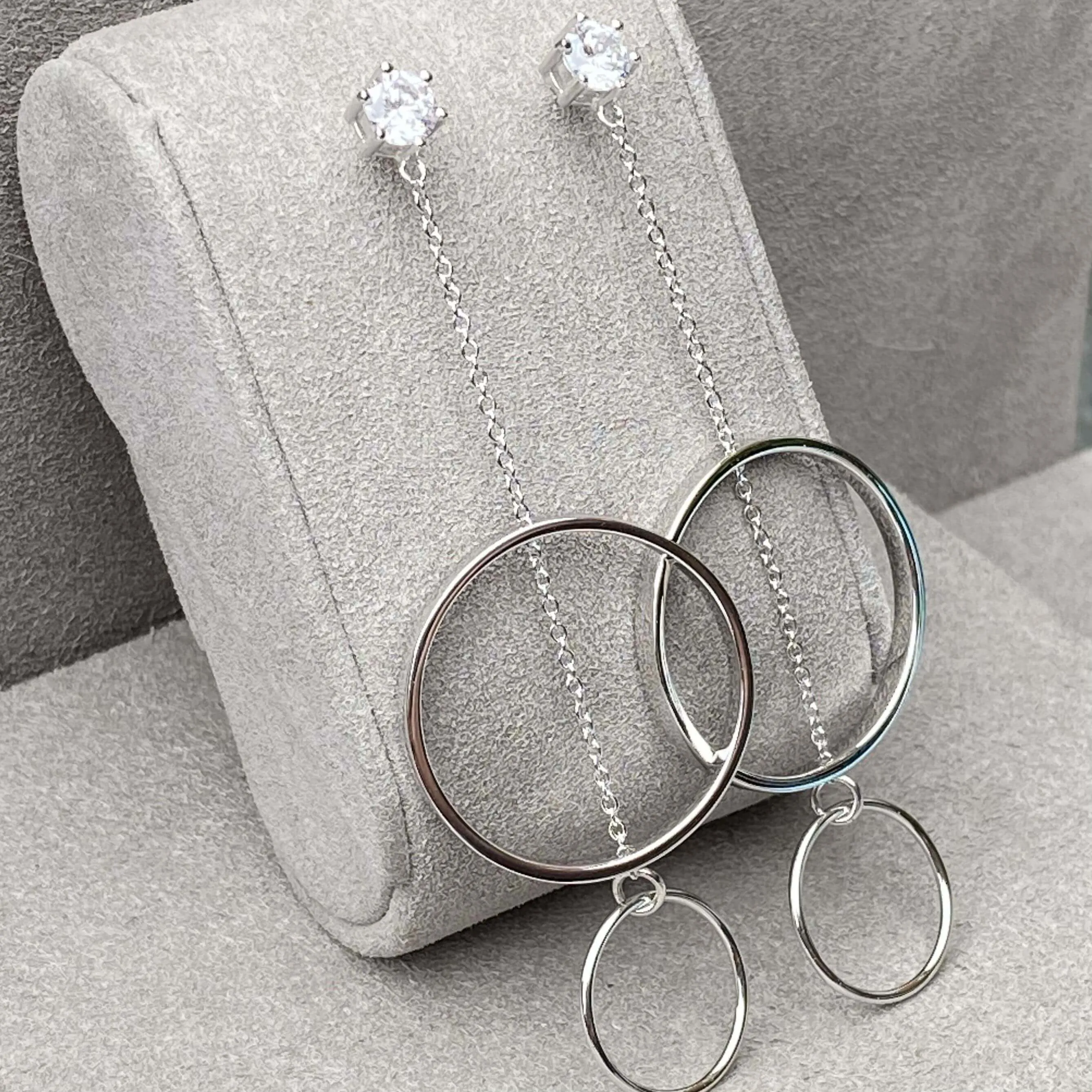 Suspended Circle Sterling Silver Solitaire Drop Earrings