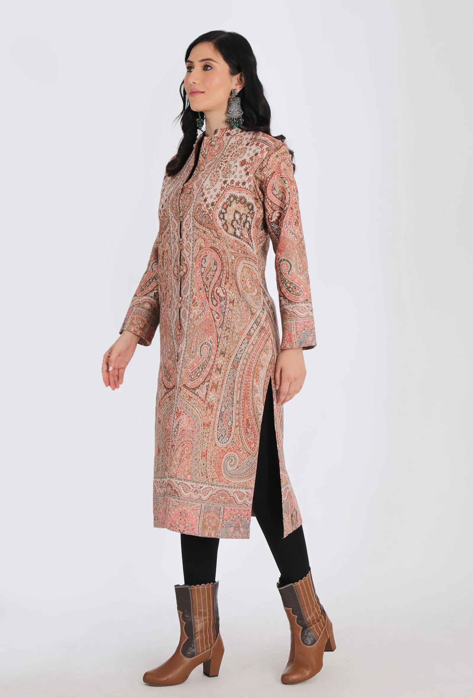 Tahira creme Kani Jamavar Long Coat Outer Jacket