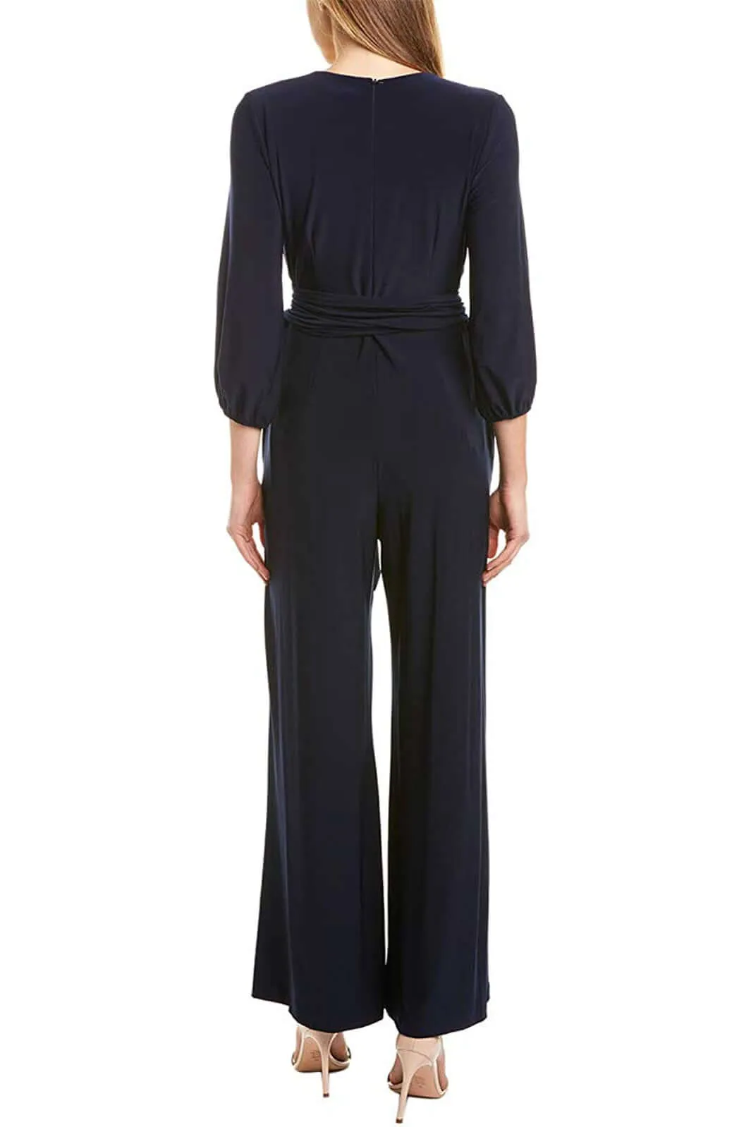 Taylor V-Neck Long Sleeve Tie Side Pockets Zipper Back Jersey Jumpsuit