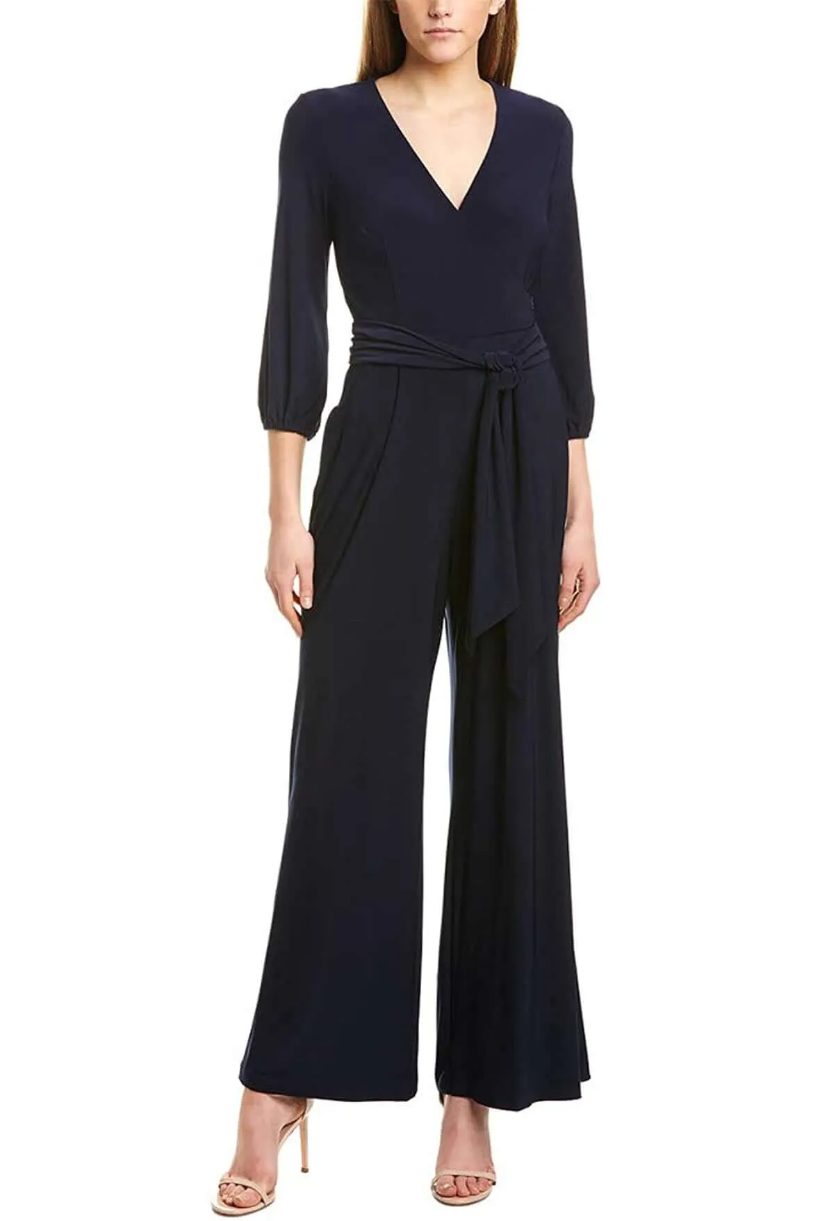 Taylor V-Neck Long Sleeve Tie Side Pockets Zipper Back Jersey Jumpsuit