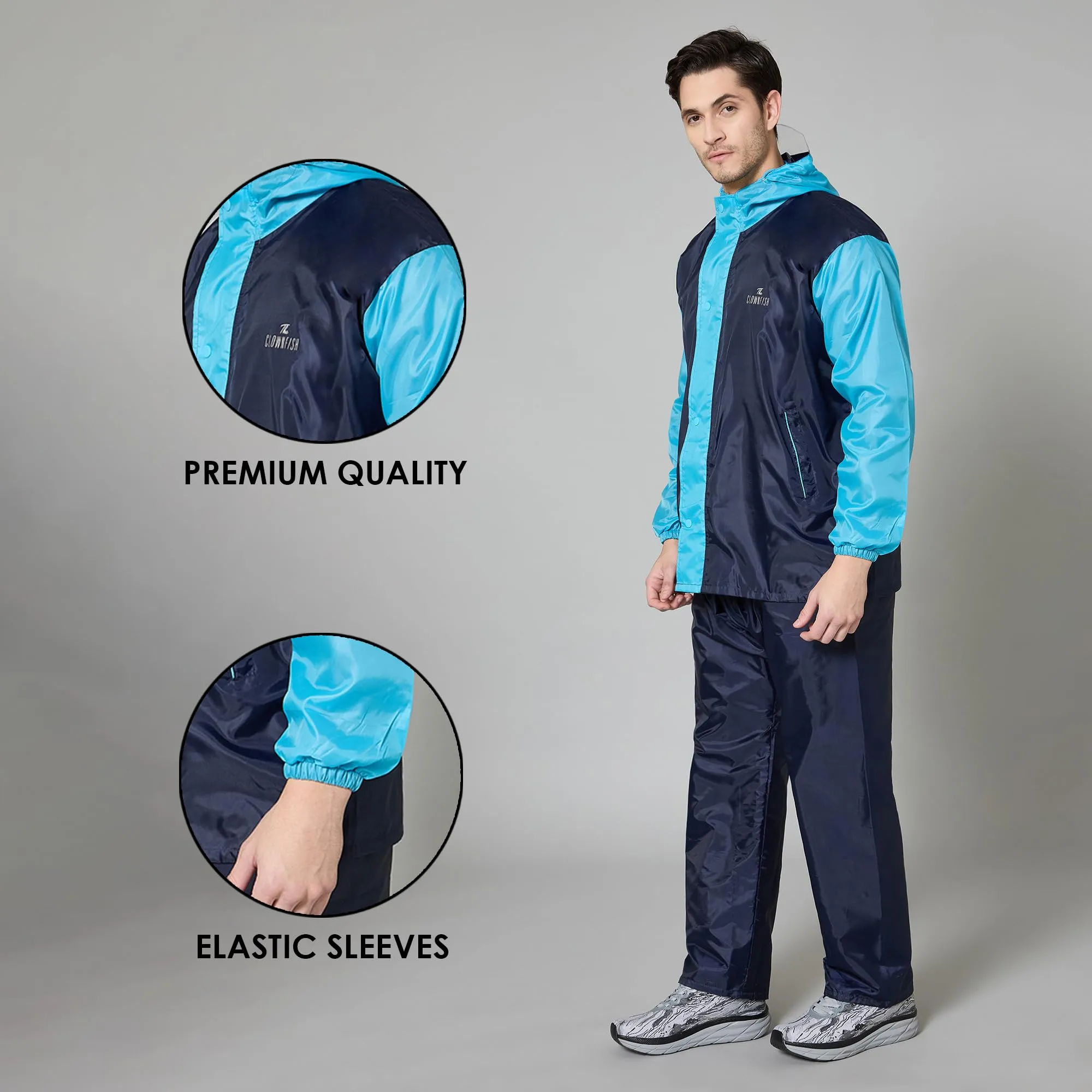 THE CLOWNFISH Raincoats for Men Waterproof Reversible for Bike Double Layer with Hood Rain Coat for Men. Set of Top and Bottom. Color Block Series (Dark Blue/Light Blue, 2XL)