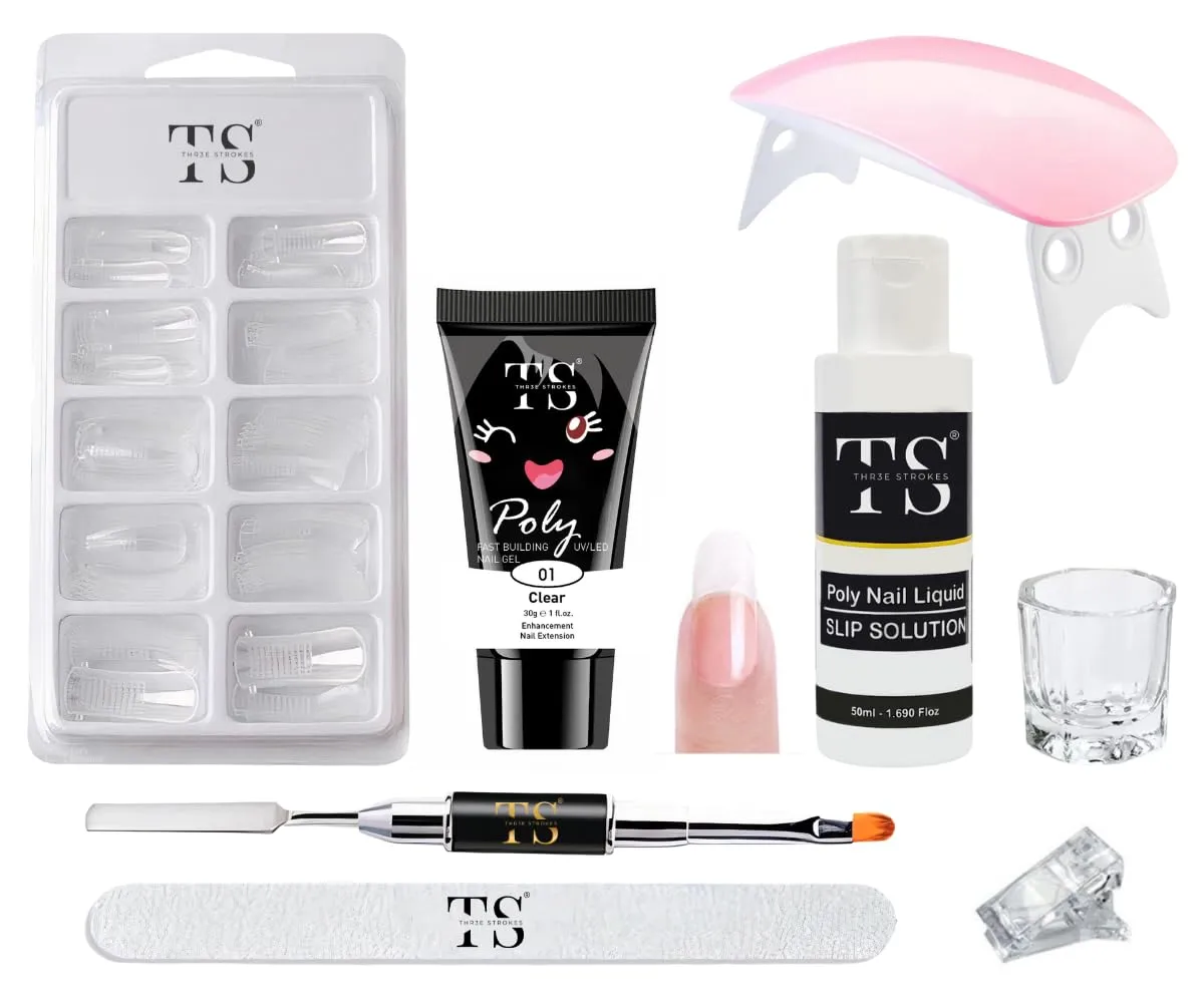 THR3E STROKES Poly Nail Gel Extension Kit With Slip Solution Uv Nail Lamp for Builder Gel UV Nail Art Kit Nail Extension Set. (CLEAR)