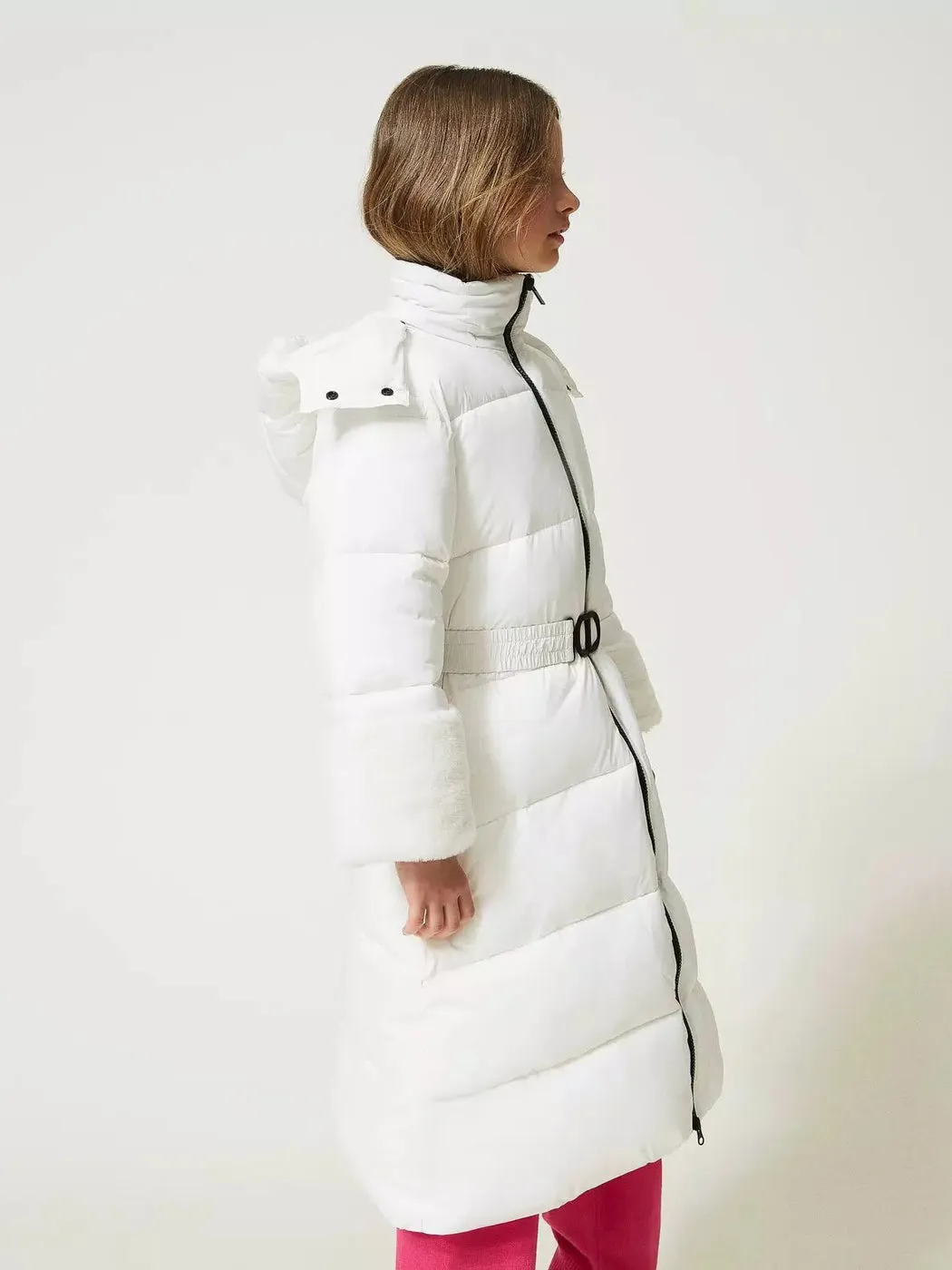 TWINSET Long puffer jacket with faux fur - 232GJ2111 White