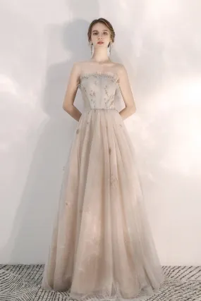 Unique Strapless Champagne Formal Prom Dress