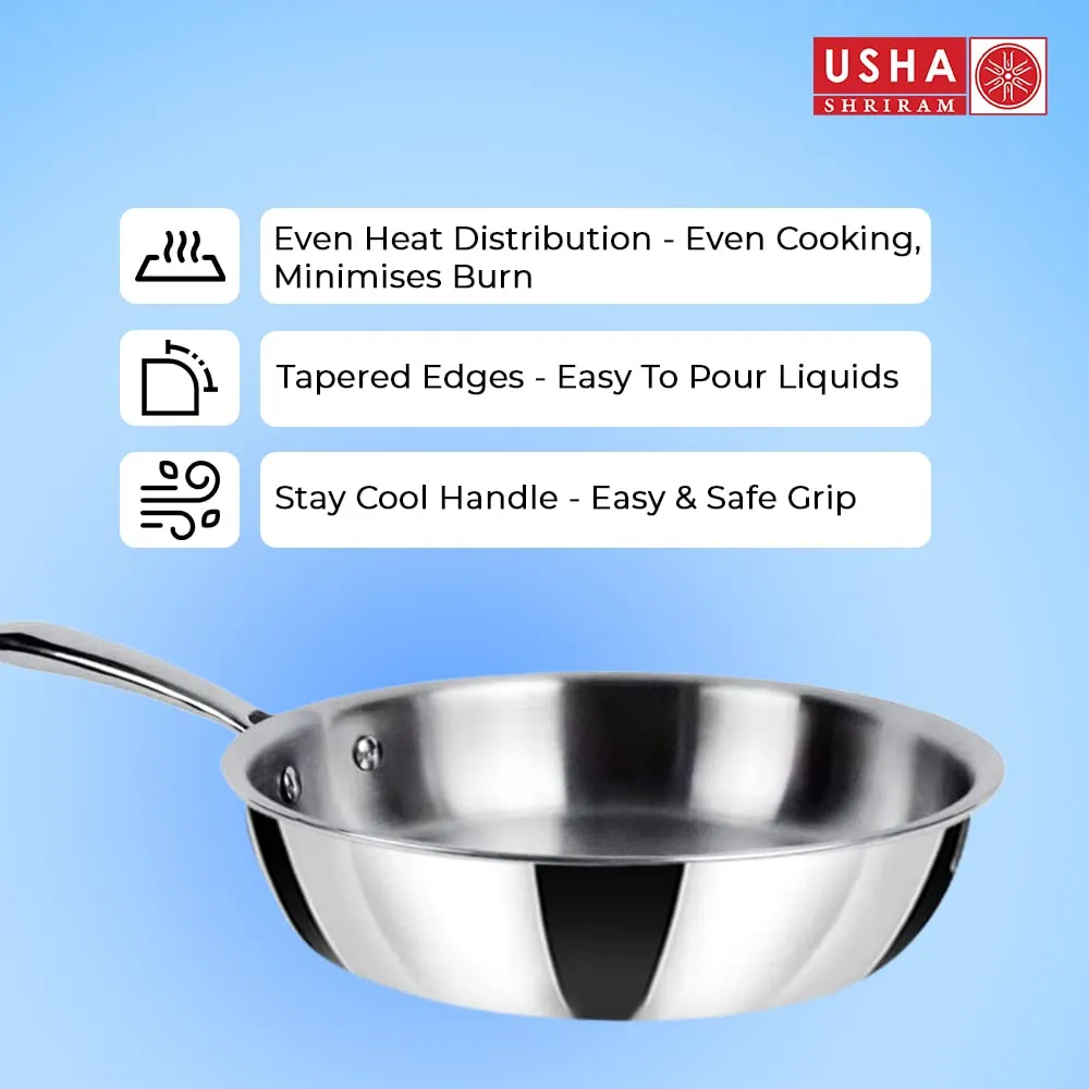 USHA SHRIRAM Triply Stainless Steel Frying Pan with Lid (1.5L) | Stove & Induction Cookware | Heat Surround Cooking | Easy Grip Handles | Stainless Steel Fry Pan with Lid