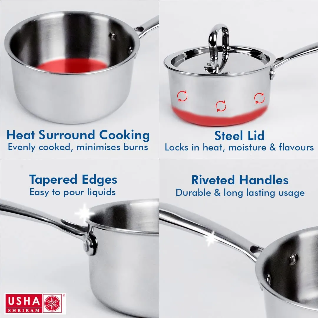 USHA SHRIRAM Triply Stainless Steel Sauce Pan with Lid | Stove & Induction Cookware | Heat Surround Cooking | Easy Grip Handles | Steel Tea & Milk Pan with Handle | Soup Pan (1.4L   2.1L)