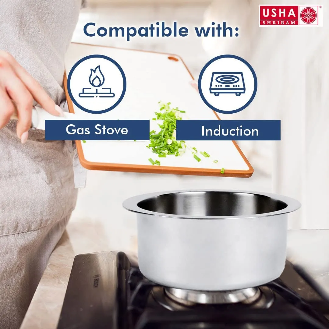 USHA SHRIRAM Triply Stainless Steel Sauce Pan with Lid | Stove & Induction Cookware | Heat Surround Cooking | Easy Grip Handles | Steel Tea & Milk Pan with Handle | Soup Pan (1.4L   2.1L)