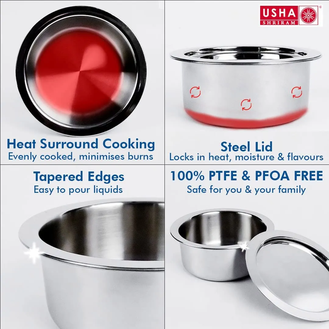 USHA SHRIRAM Triply Stainless Steel Sauce Pan with Lid | Stove & Induction Cookware | Heat Surround Cooking | Easy Grip Handles | Steel Tea & Milk Pan with Handle | Soup Pan (1.4L   2.1L)