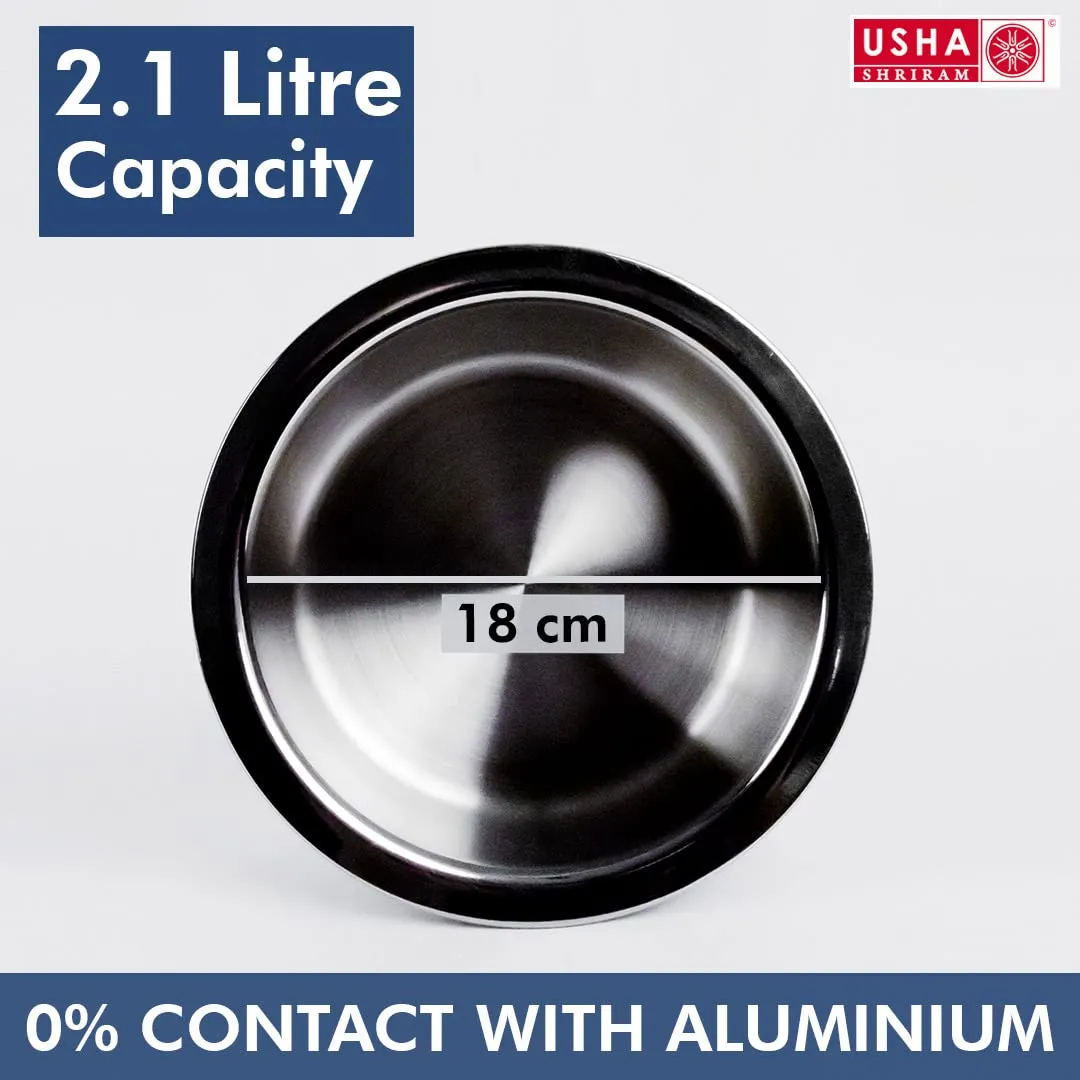 USHA SHRIRAM Triply Stainless Steel Tope (Patila) with Lid | 2.1 L | Handi Casserole with lid | 18 cm Diameter | 100% PTFE and PFOA Free | Gas Stove & Induction Cookware | Stainless Steel Cookware