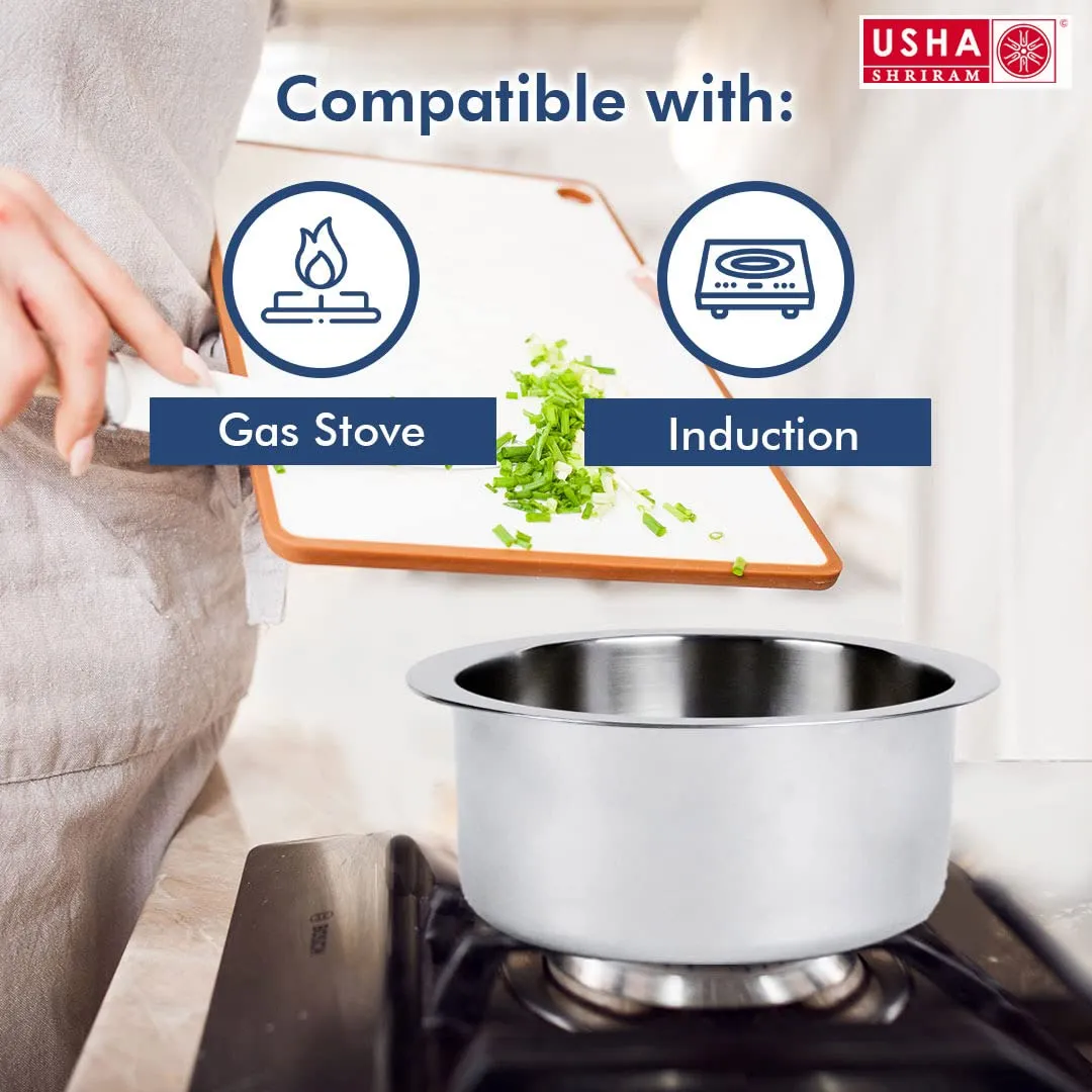 USHA SHRIRAM Triply Stainless Steel Tope (Patila) with Lid | 2.1 L | Handi Casserole with lid | 18 cm Diameter | 100% PTFE and PFOA Free | Gas Stove & Induction Cookware | Stainless Steel Cookware