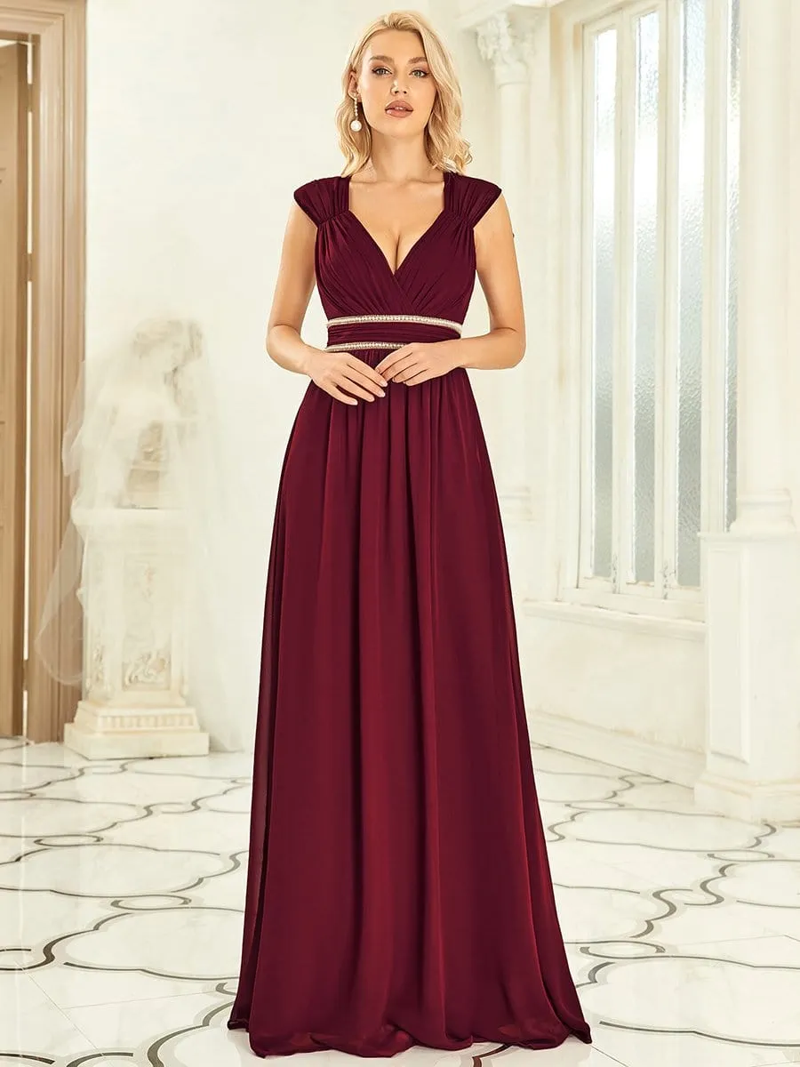 V-Neck Sleeveless Beaded Belt Chiffon A-Line Evening Dress