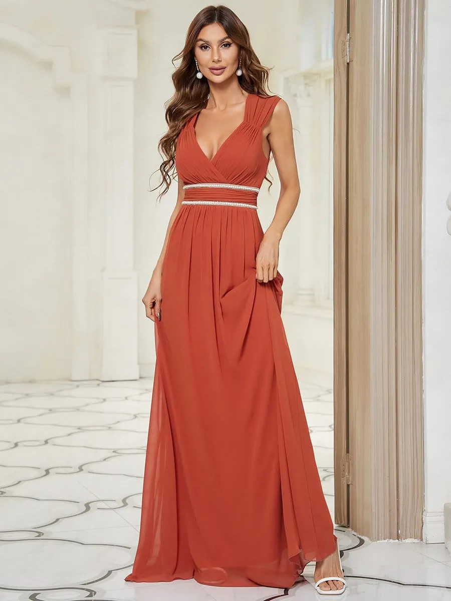 V-Neck Sleeveless Beaded Belt Chiffon A-Line Evening Dress