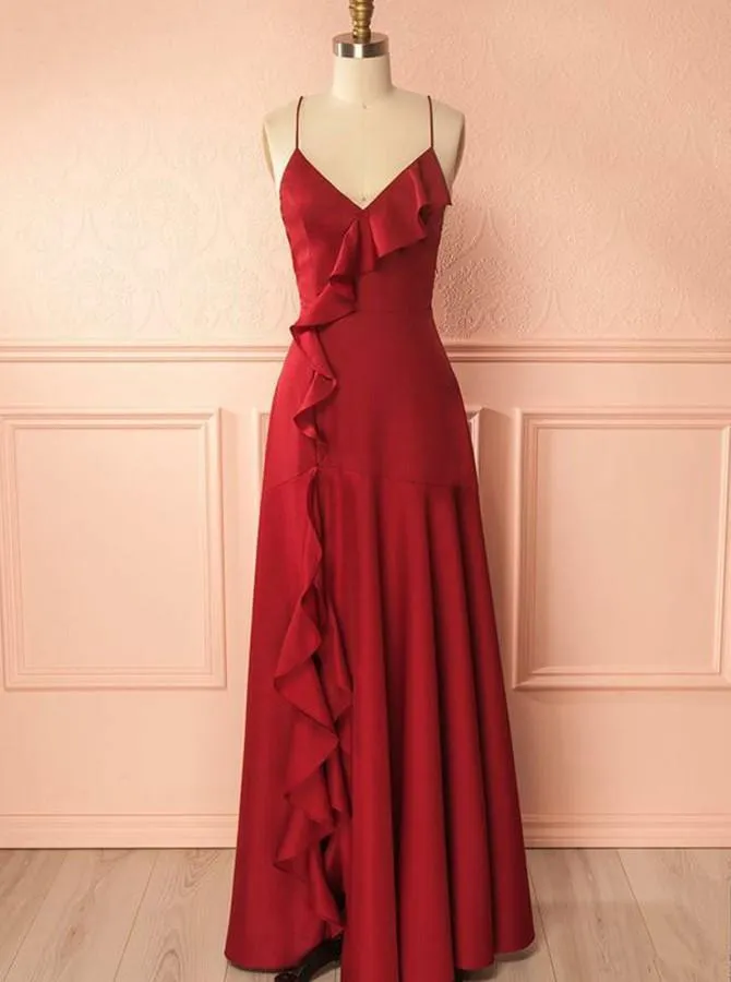 V-neckline Flounced Red Prom Dress with Thin Straps