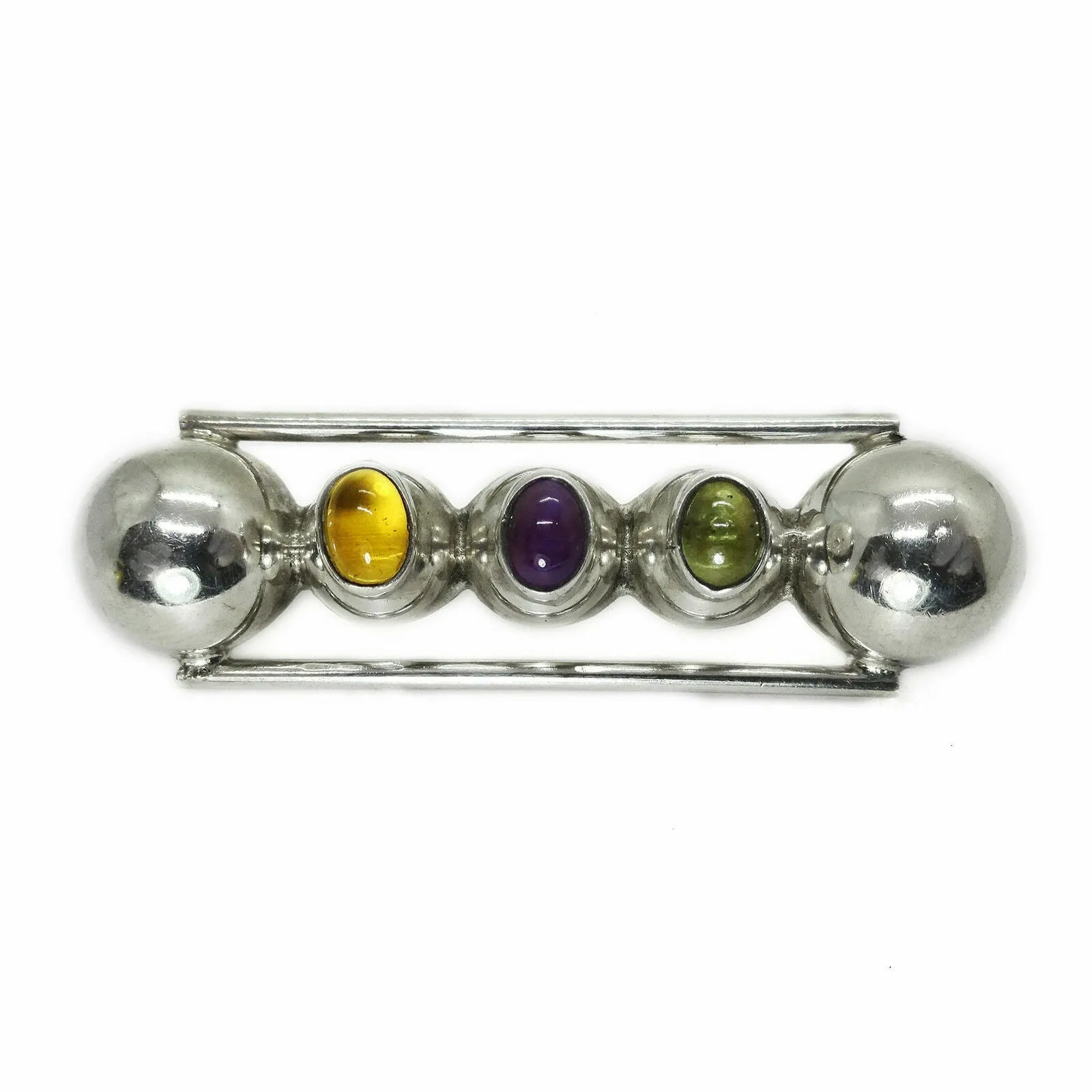 Vintage Taxco Modernist Peridot Amethyst Citrine Brooch Sterling Silver Signed Brooch Pin