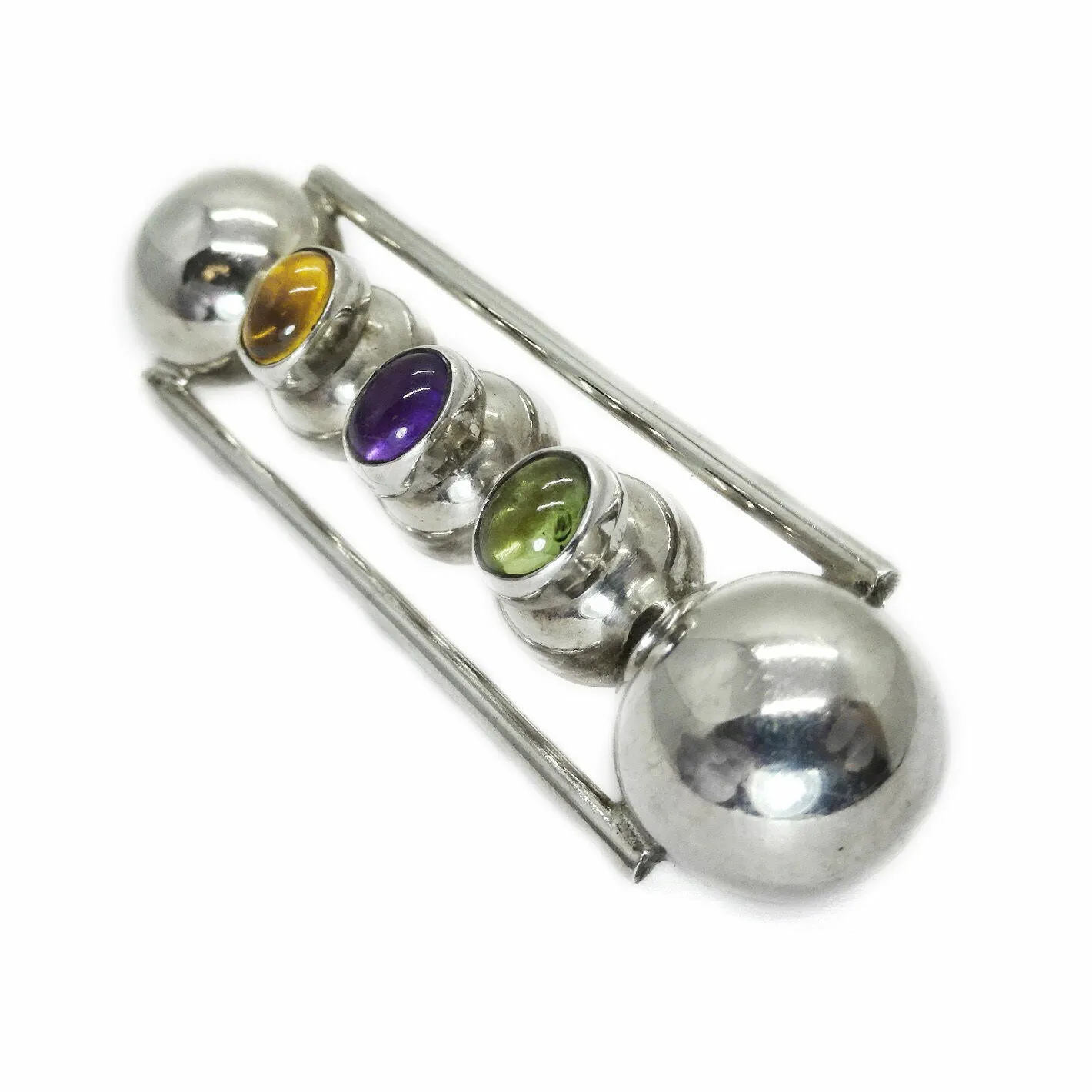 Vintage Taxco Modernist Peridot Amethyst Citrine Brooch Sterling Silver Signed Brooch Pin