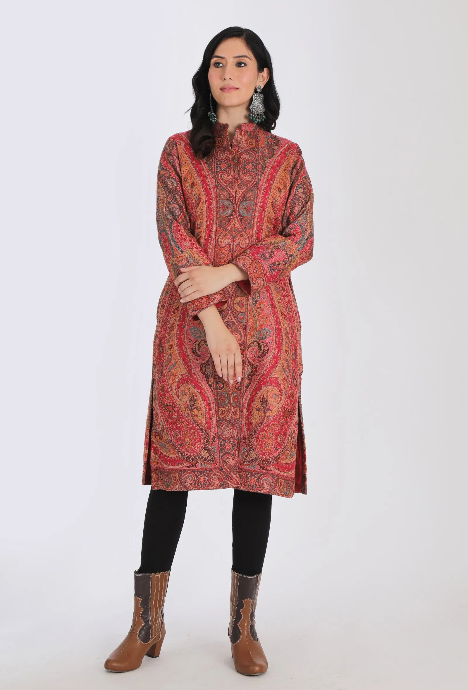 Waheeda vermalion red Kani Jamavar Long Coat Outer Jacket