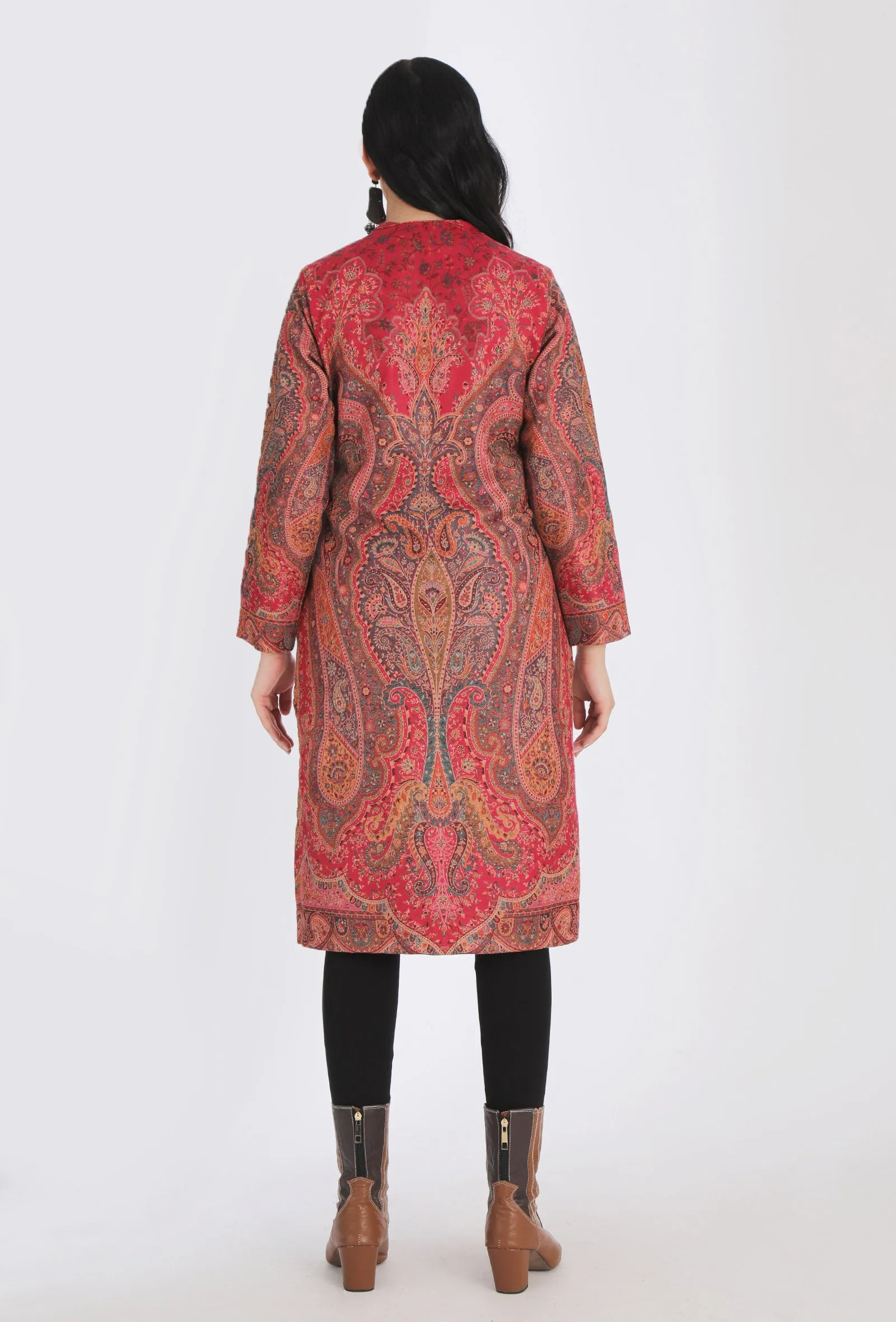 Waheeda vermalion red Kani Jamavar Long Coat Outer Jacket