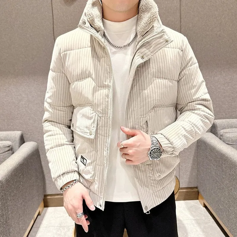 Warm Striped Men's Puffer Jacket - Stand Collar Smart Casual Coat