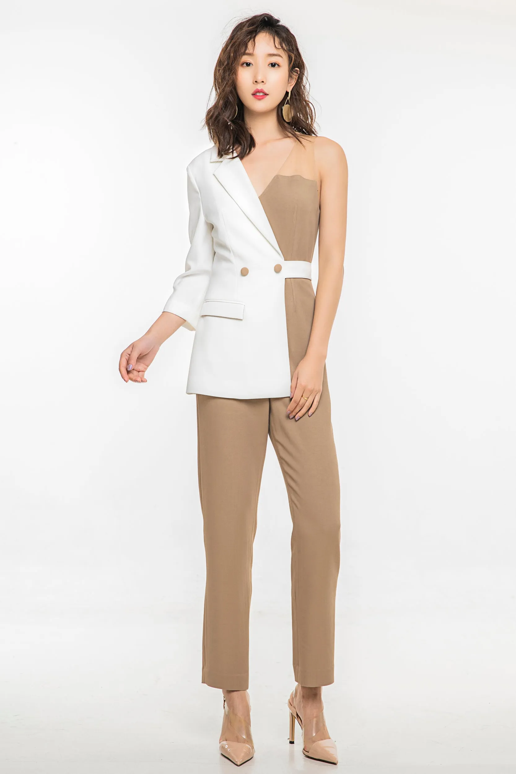 White Blazer-Collar Jumpsuit