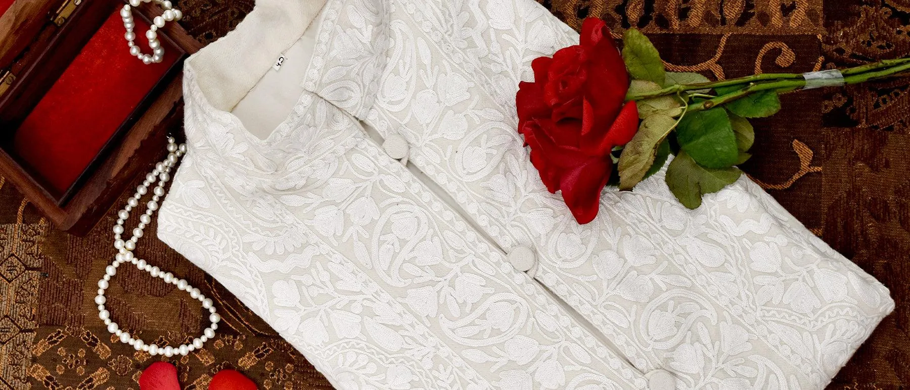 White Kashmiri Woolen Jacket with Aari Embroidery