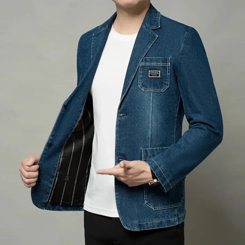 Wiaofellas  -  New Mens Denim Blazer Coat Fashion Casual Denim Jacket Men Cotton Vintage Black Blue Denim Jacket Coat Men Jeans Blazers