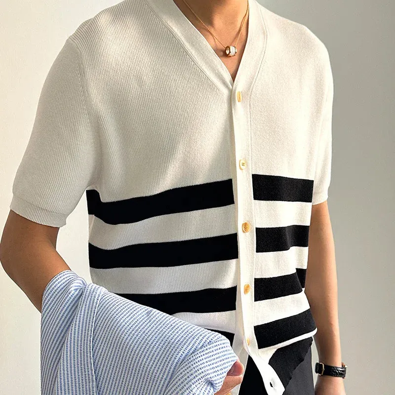 Wiaofellas  - Short Sleeved V-neck Cardigan British Contrasting Stripes Knitted Cardigan Men Coat Casual Knitted Breathable Versatile Top