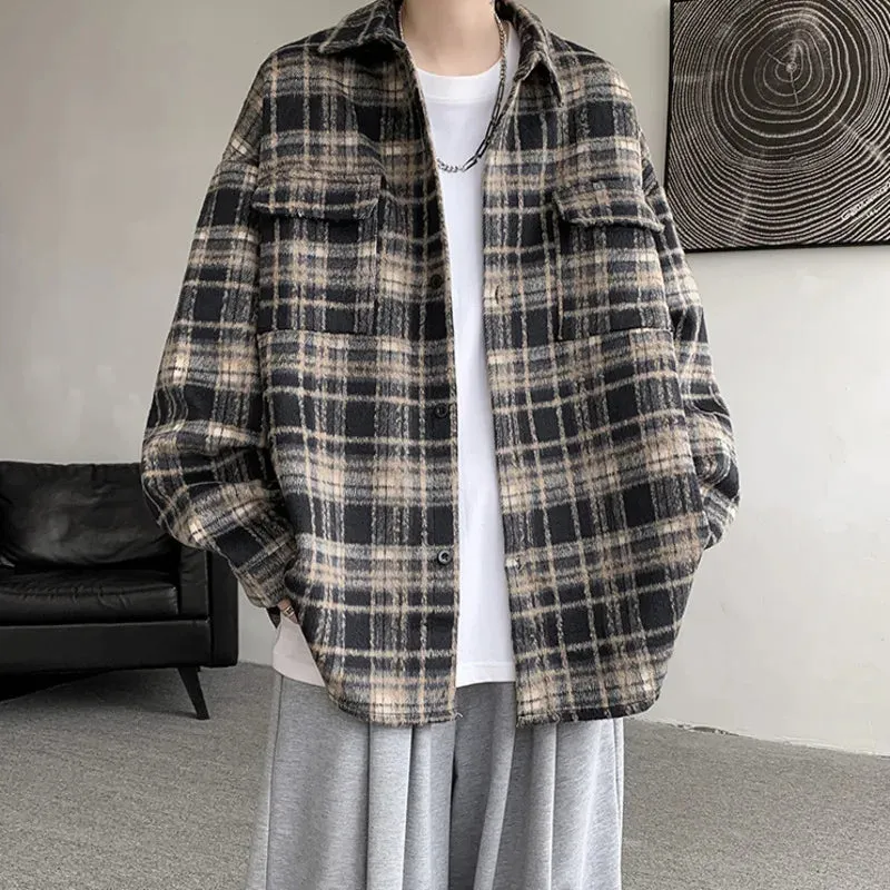 Wiaofellas  -  Short Woolen Coat Men Warm Retro Plaid Woolen Coat Men Streetwear Korean Loose Thicken Woolen Jacket Mens Thick Woolen Shirt