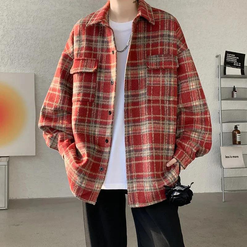 Wiaofellas  -  Short Woolen Coat Men Warm Retro Plaid Woolen Coat Men Streetwear Korean Loose Thicken Woolen Jacket Mens Thick Woolen Shirt