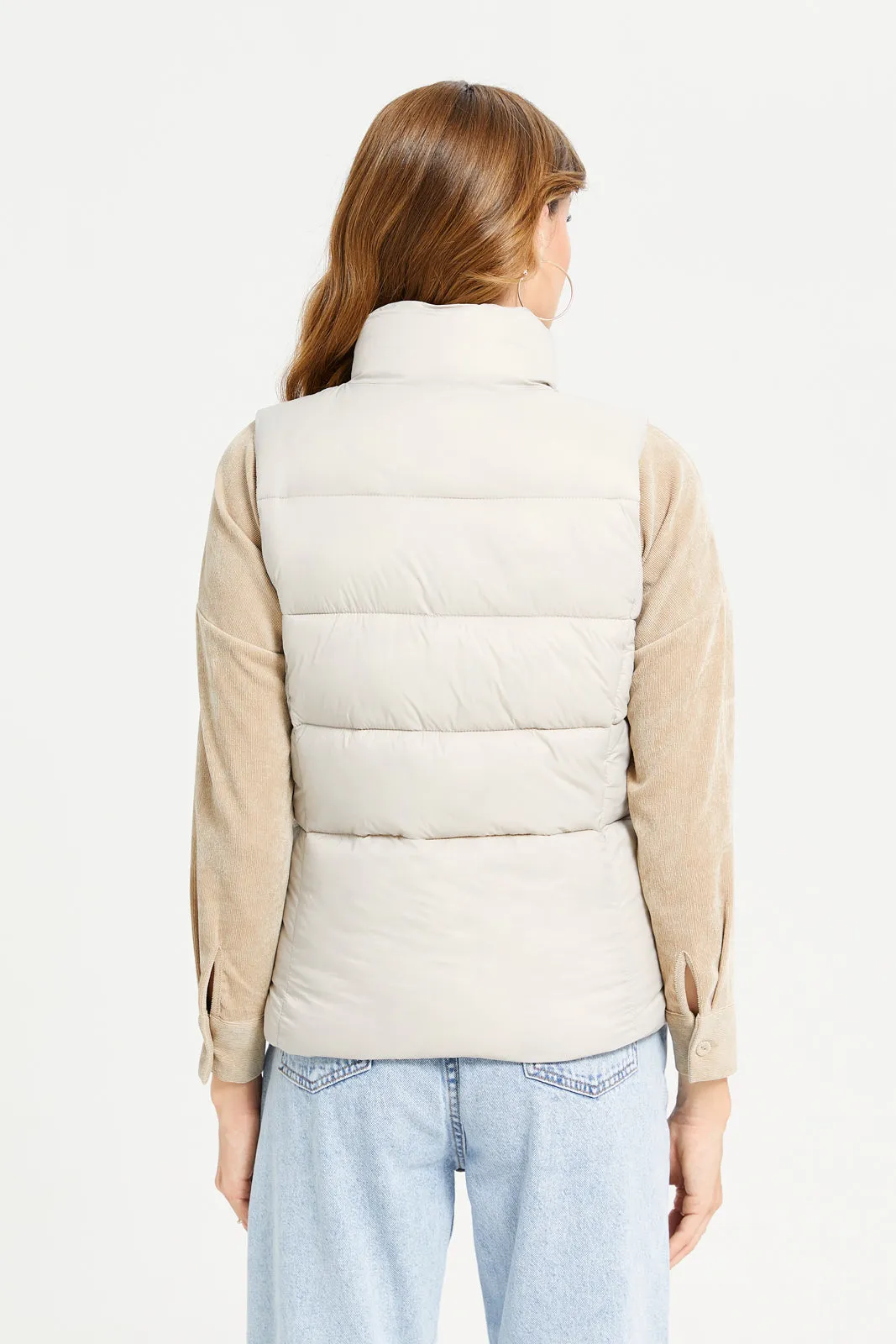 Women Beige Sleeveless Puffer Jacket