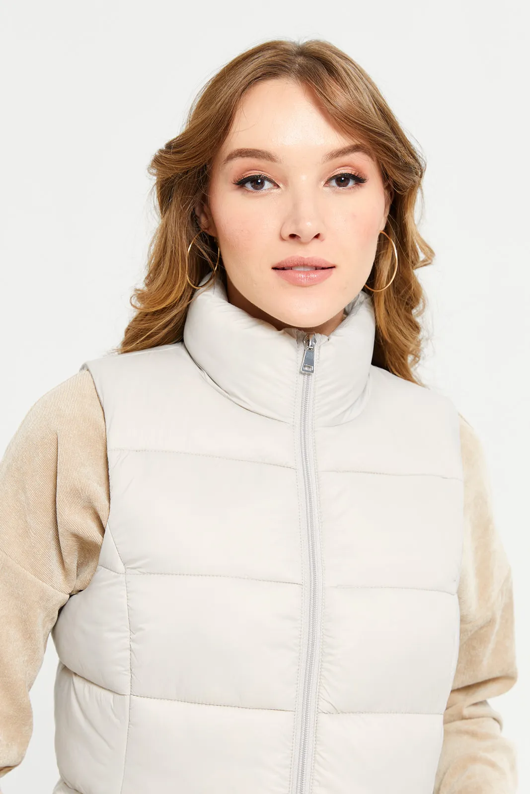 Women Beige Sleeveless Puffer Jacket