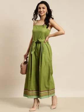 Women Green Floral Border Print Strappy Jumpsuit