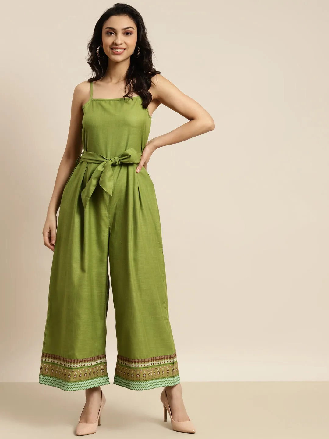 Women Green Floral Border Print Strappy Jumpsuit