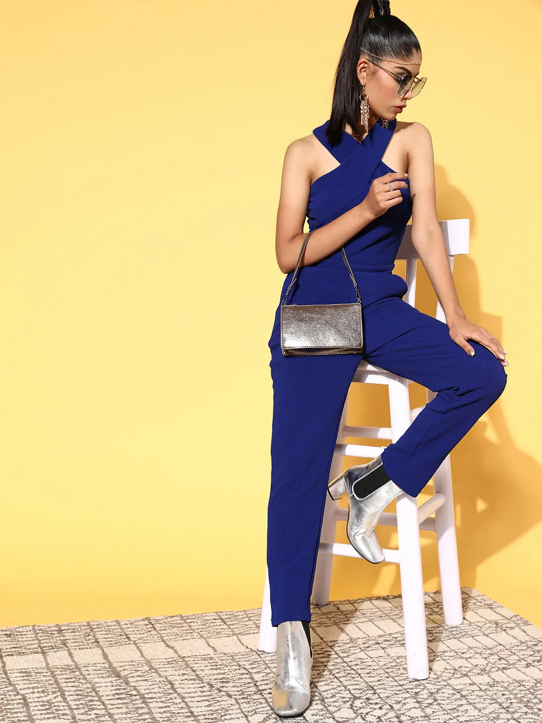 Women Royal Blue Halter Neck Tapered Jumpsuit