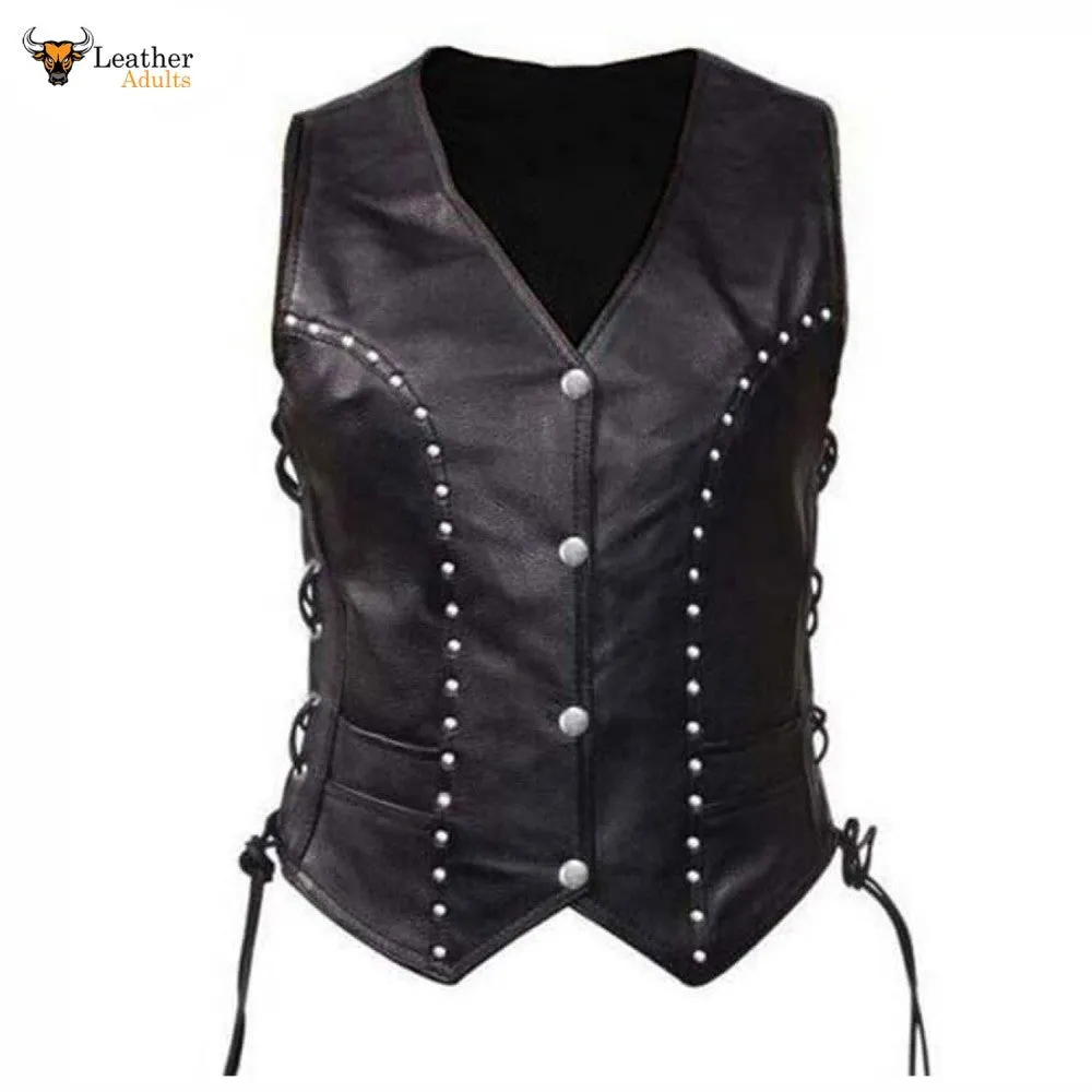 Womens Soft Leather Waistcoat Vest With Detailed Side Lacing Biker Style Vest W10