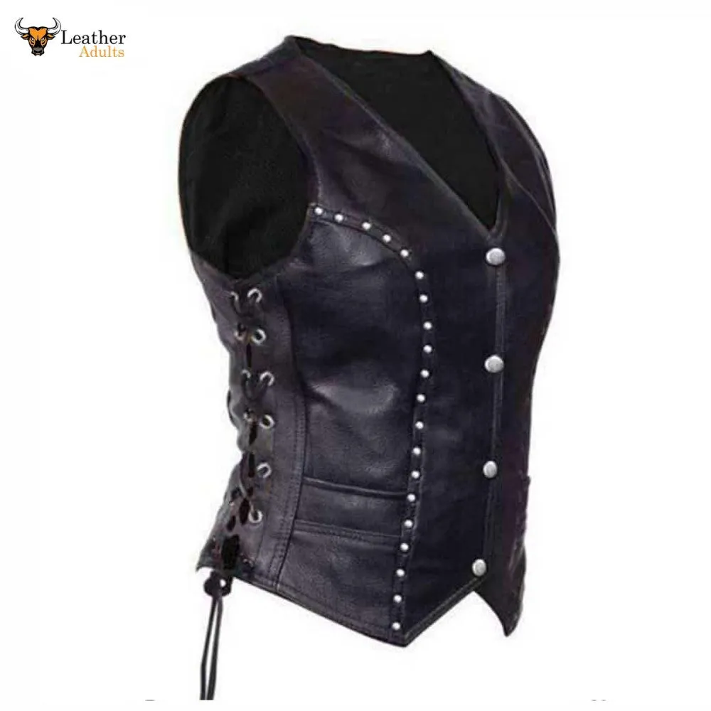 Womens Soft Leather Waistcoat Vest With Detailed Side Lacing Biker Style Vest W10